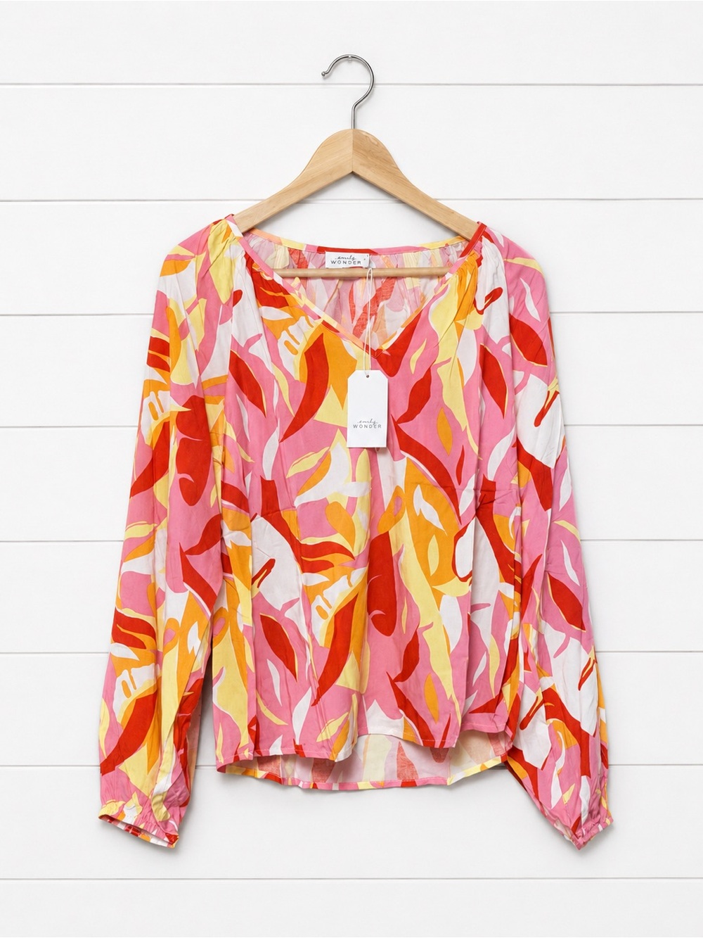 Abstract-Print V-Neck Blouse in‎ Pink, Red & Yellow